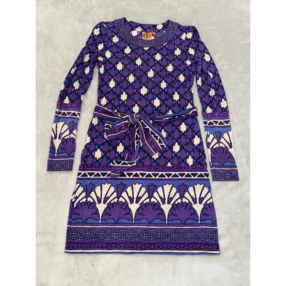 Tory Burch Purple Silk Shift Dress Art Deco Border Print XS 32112411